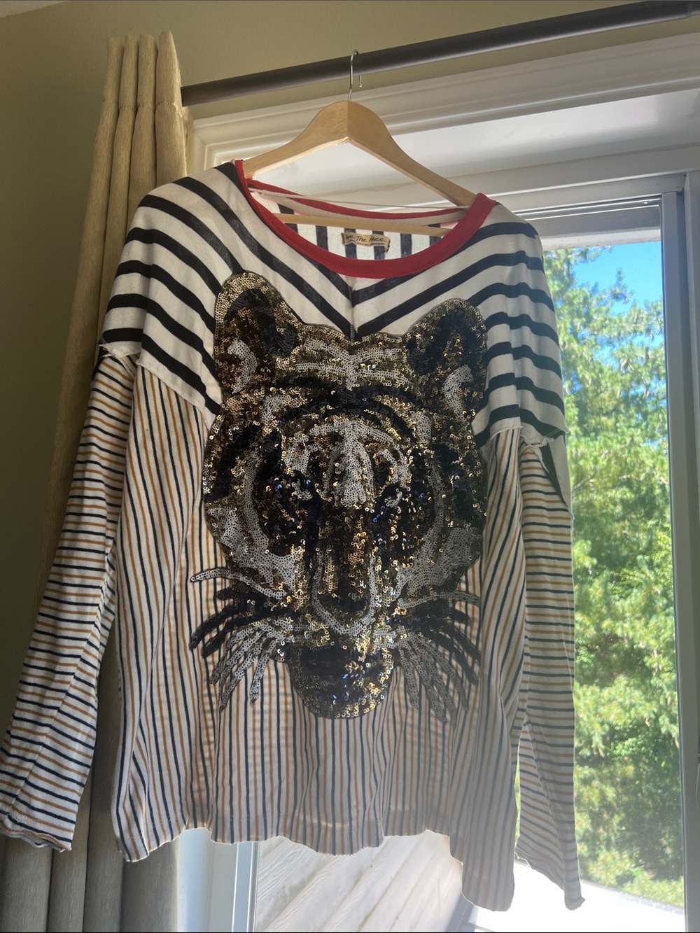We The Free Striped Sequin Tiger Long Sleeve Top - White, Black, Red, Gold